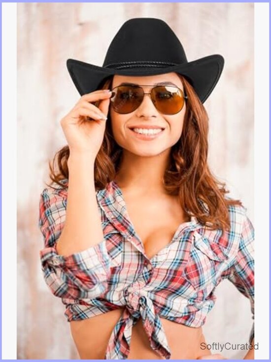 Wide Brim Cowboy Hat with Buckle Belt Outdoor Western Fedora